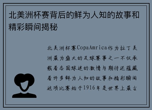 北美洲杯赛背后的鲜为人知的故事和精彩瞬间揭秘